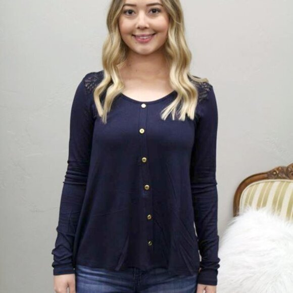 Dark Navy Blue Long Sleeve Top Gold Buttons Lace - Picture 2 of 6